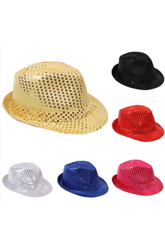 Ticikt Kids Sequin Fedora Hat, Solid Color Glitter Jazz Cap, Universal Stage Performance Party Accessory,Gold