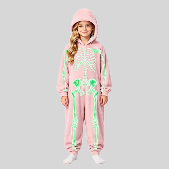 Ticikt Kids Skeleton Hooded Onesie, Fleece Zip‑Up Halloween Cosplay Costume Warm Loungewear One‑Piece Sleep Jumpsuit,13-14 Years