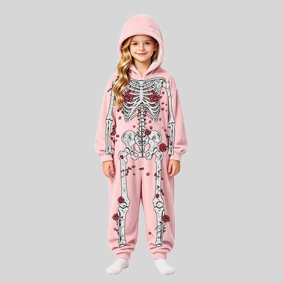 Ticikt Kids Skeleton Hooded Onesie, Fleece Zip‑Up Halloween Cosplay Costume Warm Loungewear One‑Piece Sleep Jumpsuit,4-5 Years