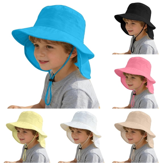 Ticikt Kids Solid Color Neck Flap Bucket Hat, Wide Brim Sun Protection Adjustable Chin Strap Outdoor Beach Cap