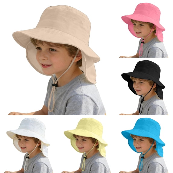 Ticikt Kids Solid Color Neck Flap Bucket Hat, Wide Brim Sun Protection Adjustable Chin Strap Outdoor Beach Cap