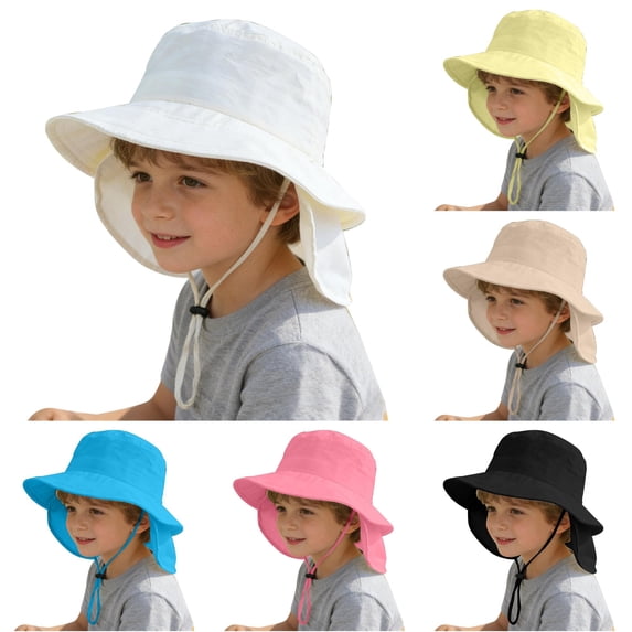 Ticikt Kids Solid Color Neck Flap Bucket Hat, Wide Brim Sun Protection Adjustable Chin Strap Outdoor Beach Cap