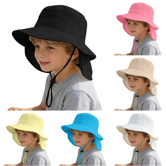 Ticikt Kids Solid Color Neck Flap Bucket Hat, Wide Brim Sun Protection Adjustable Chin Strap Outdoor Beach Cap