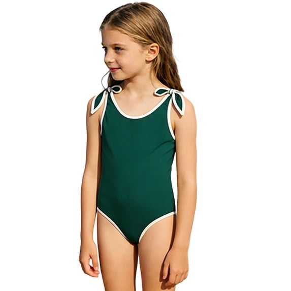 Ticikt Kids' Solid One-Piece Swimwear, Bow Tie Straps and Contrast , Modest Bathing Suit for Girls,Dark Green