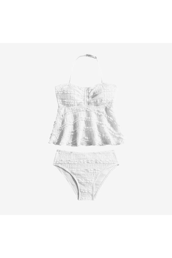 Kids' Stretch Ruffled Swimwear, High Elastic Ribbed Two-Piece Bathing Suit,White