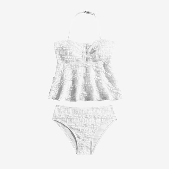 Ticikt Kids' Stretch Ruffled Swimwear, High Elastic Ribbed Two-Piece Bathing Suit,White