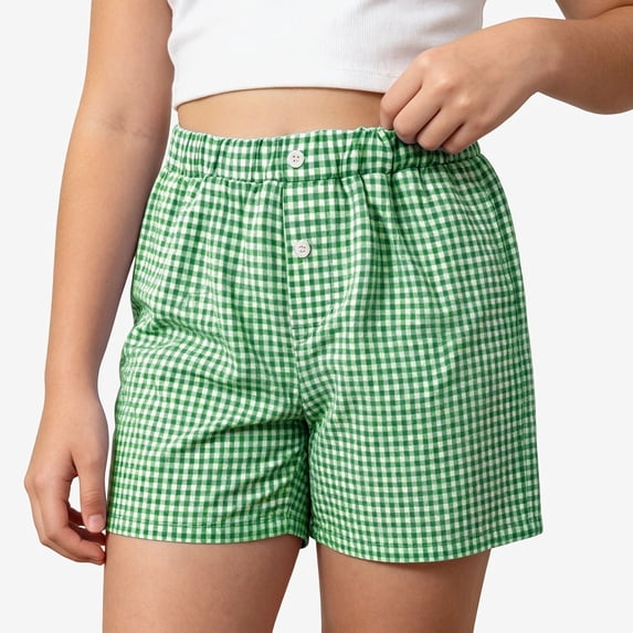 Ticikt Kids Summer Breathable Checkered Shorts, Mid Waist Relaxed Fit Pocket Shorts for Girls 5-14Y,Green