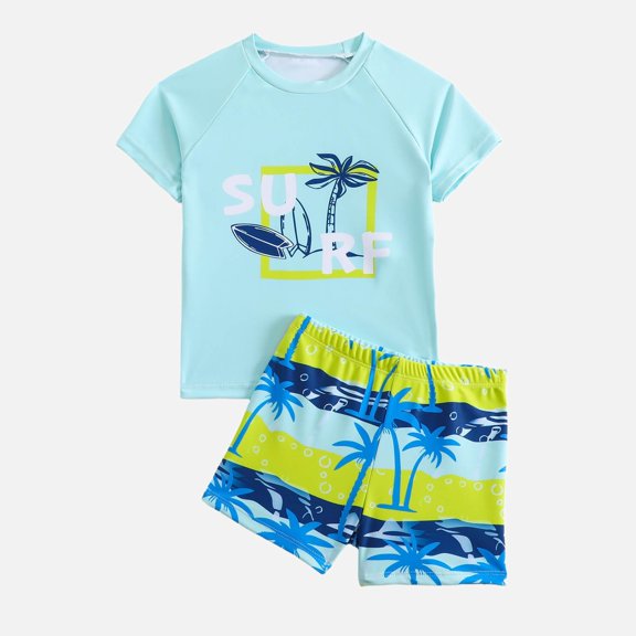 Ticikt Kids' Swimwear, Boys' Short Sleeve Surf Print Rash Guard and Board Shorts,Sky Blue