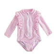 thumbnail image 1 of Ticikt Kids Toddler Girls 3D Flower Swimsuit Flare Long Sleeve Ruffle Bodysuit One Piece Rashguard Swimsuit Bathing Suits,Color:Pink,9-12 Months, 1 of 7