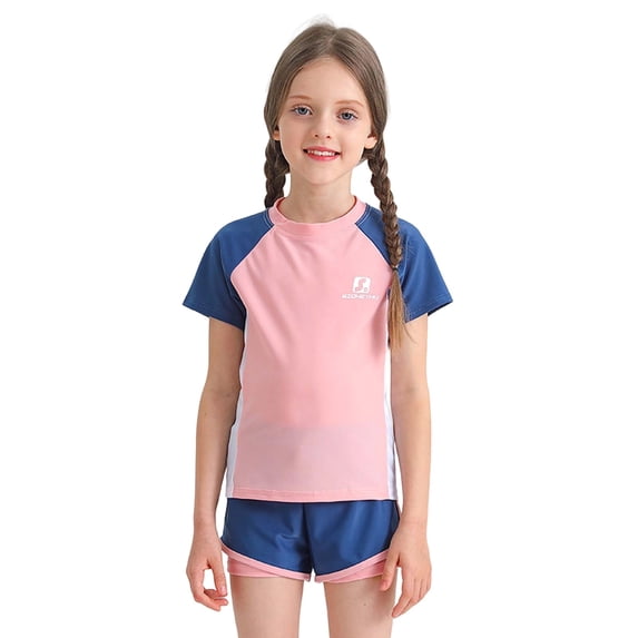 Ticikt Kids' Two-Piece Rash Guard Swim Set, Short-Sleeve Top & Shorts for Little/Big Boys & Girls,Pink,9-10 Years