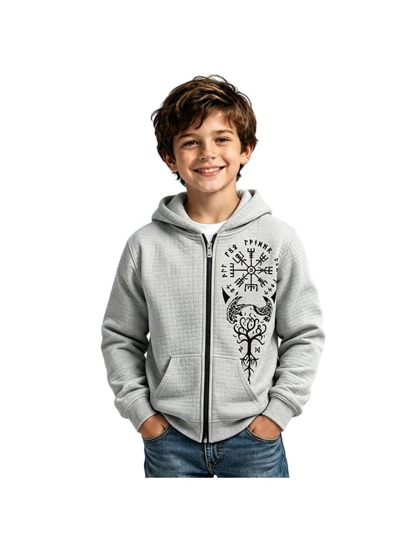 Ticikt Kids Viking Zip Up Hoodie Boys Norse Mythology Hooded Jacket with Wolf Print Warm Quilted Outerwear for Winter Adventure and Halloween Costume