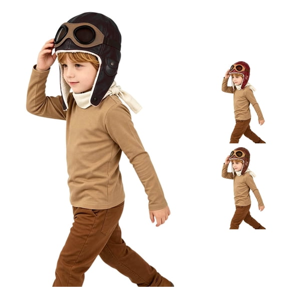Ticikt Kids Vintage Pilot Trapper Hat, Winter Faux‑Leather Fleece Lined Earflap Hat with Decorative Goggles Snap Button Pocket for Boys Girls,Black