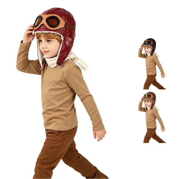 Ticikt Kids Vintage Pilot Trapper Hat, Winter Faux‑Leather Fleece Lined Earflap Hat with Decorative Goggles Snap Button Pocket for Boys Girls,Red