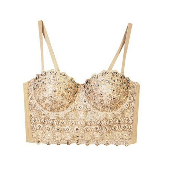Ticikt Lace Camisole Rhinestone Beaded Crop Top Corset Fishbone Bustier for Fashionable Layering,Color:Khaki