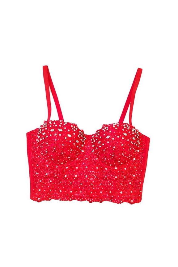 Lace Camisole Rhinestone Beaded Crop Top Corset Fishbone Bustier for Fashionable Layering,Color:Red