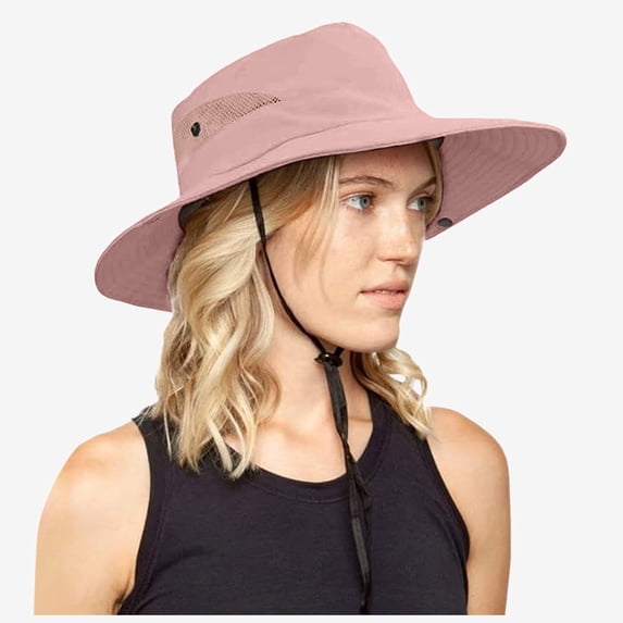 Ticikt Ladies' Outdoor Sun Hat, Breathable Wide Brim Bucket Hat with Chin Strap for Camping,Pink