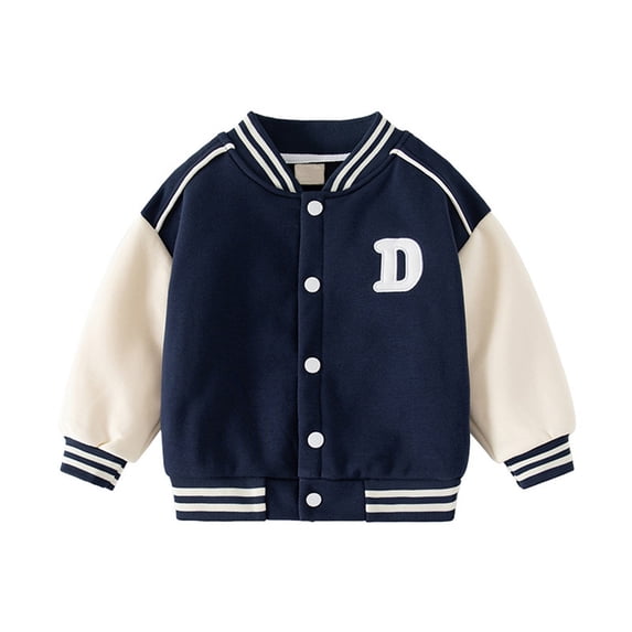 Ticikt Letter Patch Kids Varsity Jacket, Color Block Long Sleeve Button Up Baseball Coat for Back To School Daily Wear,Navy