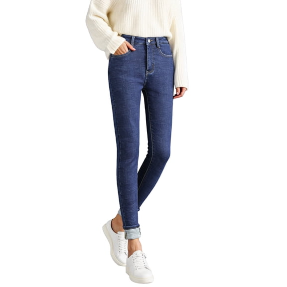 Ticikt Lined High Waist Skinny Jeans Warm Winter Casual Trousers Thickened Stretch Denim Pants for Cold Weather Comfort,Color:Blue,25