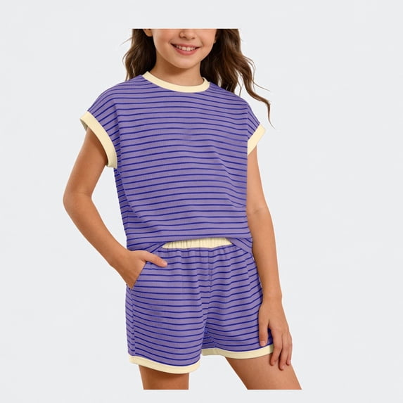 Ticikt Little Big Girl's Stripe Shirt and Shorts Set Loose Side Opening Shirt Cycling Shorts Soft Breathable 5-14Y,Color:Purple