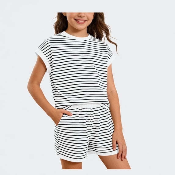 Ticikt Little Big Girl's Stripe Shirt and Shorts Set Loose Side Opening Shirt Cycling Shorts Soft Breathable 5-14Y,Color:White