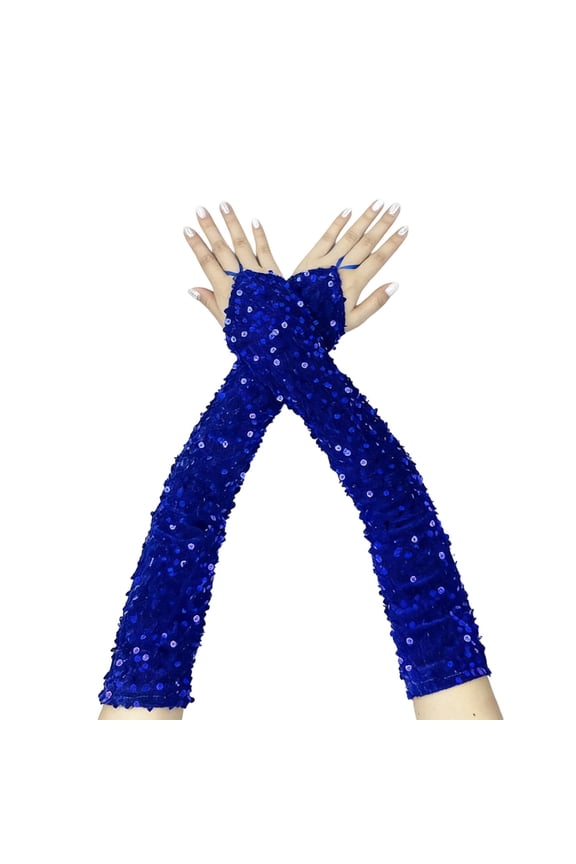 Long Sequins Fingerless Gloves Sparkly Elbow Length Arm Sleeves for Rave Party Performances,Color:Blue