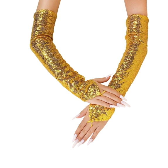 Ticikt Long Sequins Fingerless Gloves Sparkly Elbow Length Arm Sleeves for Rave Party Performances,Color:Gold