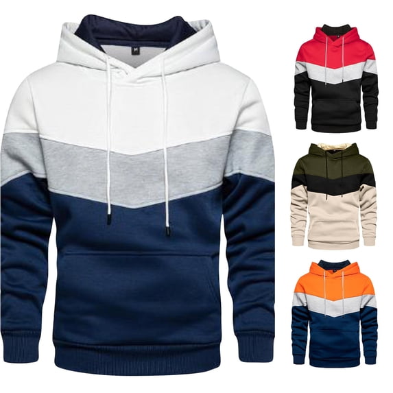 Ticikt Men Chevron Color Block Pullover Hoodie, Loose Fit Long Sleeve Fall Winter Street Sports Casual Sweatshirt Jacket