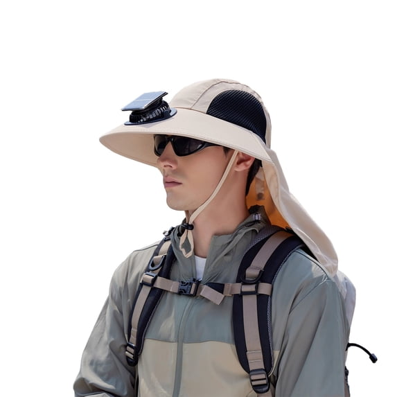 Ticikt Men Women Wide Brim Sun Hats with Solar Fan Waterproof Breathable Bucket Hat Outdoor Fishing Hat for Hiking Camping,Color:Beige