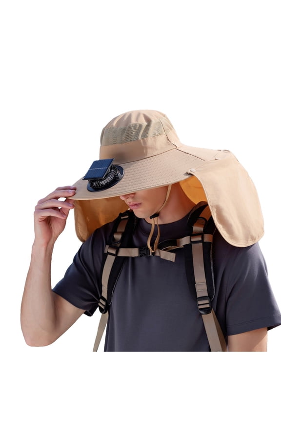 Men Women Wide Brim Sun Hats with Solar Fan Waterproof Breathable Bucket Hat Outdoor Fishing Hat for Hiking Camping,Color:Khaki
