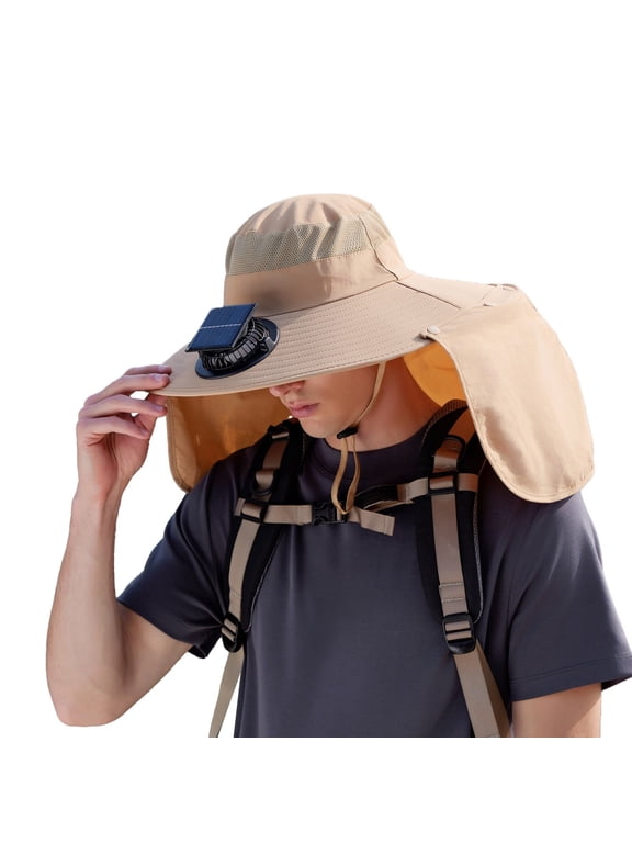 Men Women Wide Brim Sun Hats with Solar Fan Waterproof Breathable Bucket Hat Outdoor Fishing Hat for Hiking Camping,Color:Khaki
