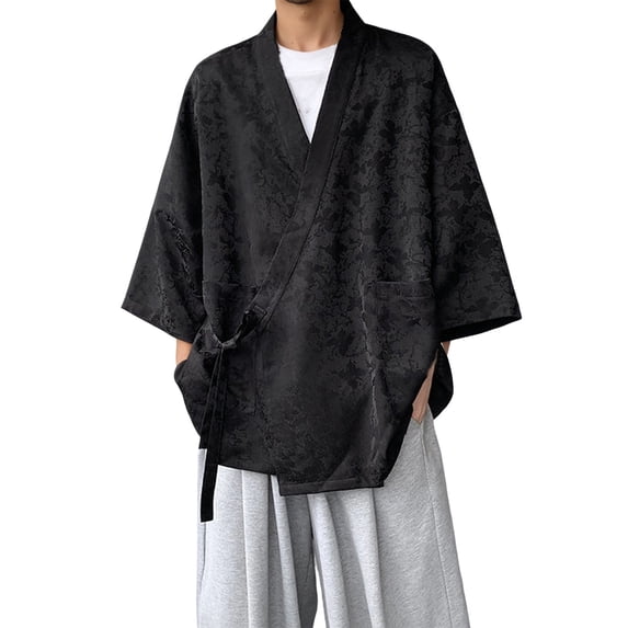 Ticikt Men's Satin Jacquard Kimono Cardigan, Short‑Sleeve Japanese‑Style Wrap Jacket with Side Tie Pockets for Casual Streetwear & Loungewear,Black