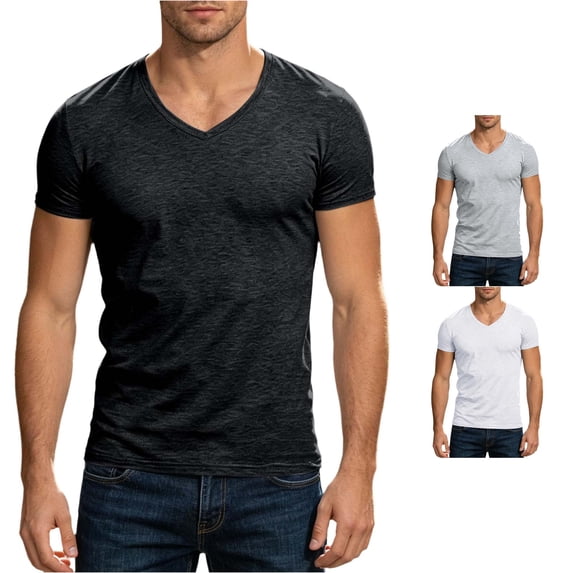 Ticikt Men's V‑Neck Short Sleeve T‑Shirt, Solid Color Loose Fit Basic ...