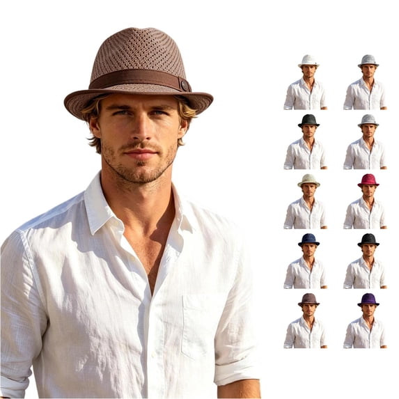 Ticikt Mens Breathable Mesh Fedora Hat, Summer Outdoor Short Brim Fedora Sun Hat,Khaki