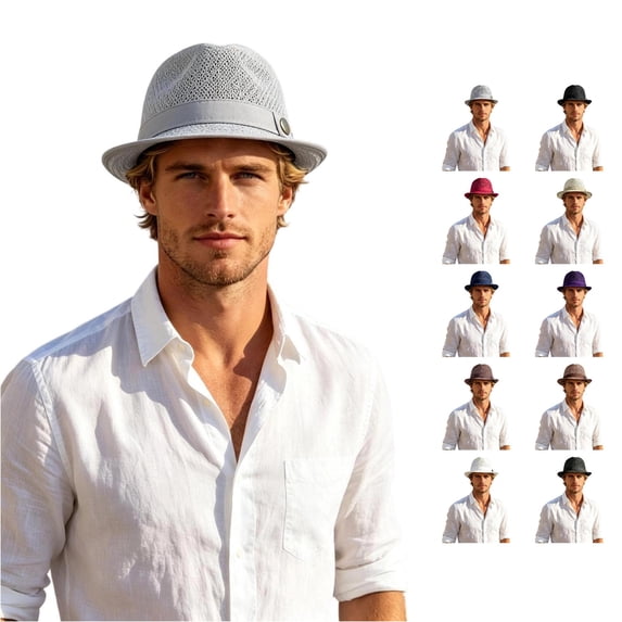 Ticikt Mens Breathable Mesh Fedora Hat, Summer Outdoor Short Brim Fedora Sun Hat,Light Gray