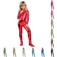 thumbnail image 1 of Ticikt Metallic Shiny Footed Kids Jumpsuit, Turtleneck Back Zipper Solid Stretch Bodysuit for Girls Stage Performance,Red, 1 of 5