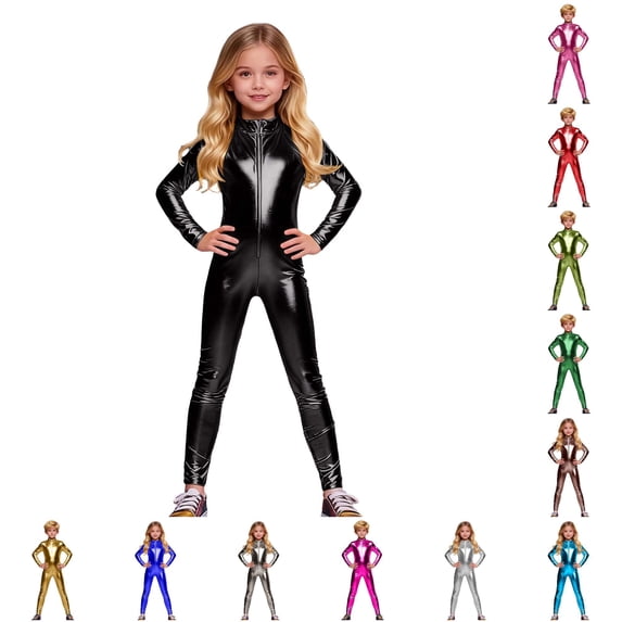 Ticikt Metallic Shiny Kids One Piece Jumpsuit, Front Zipper Fit Bodysuit for Boys Girls Stage Performance,Black