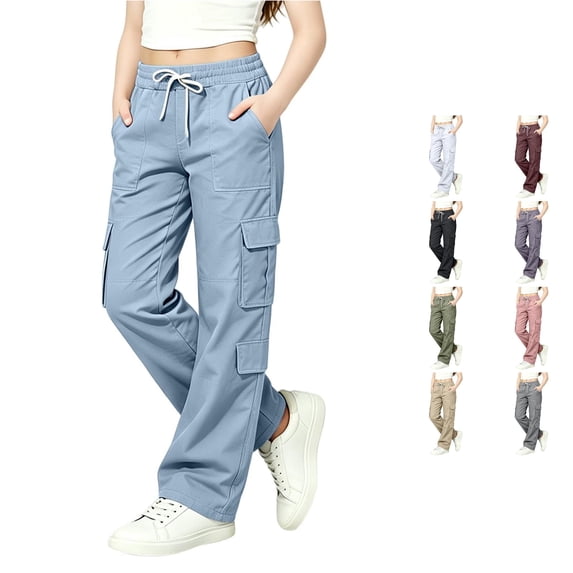 Ticikt Multi-Pocket Cargo Trousers, Straight Leg Casual Pants for Youth Girls School & Travel Wear,Light Blue