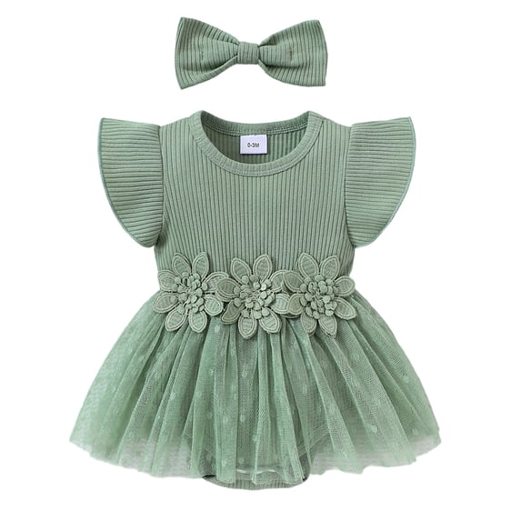 Ticikt Baby Girl Romper Dress Short Sleeve Mesh Tutu Dress Baby Girls Lace Mesh Jumpsuits with Headband,Color:Green