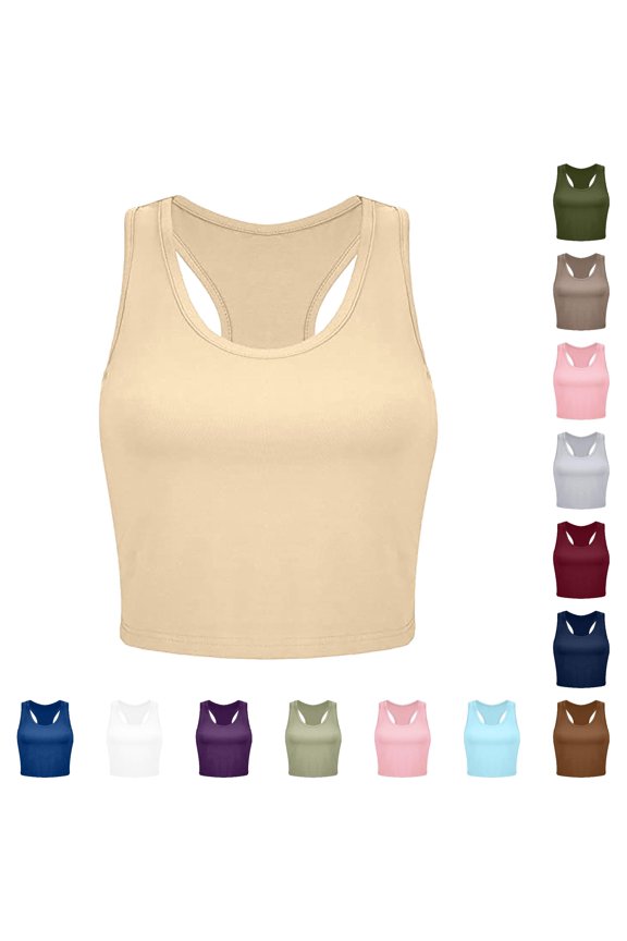 Ticikt Racerback Crop Tank Top, Women Slim Y2K Yoga Workout Layering Sleeveless Vest,Beige