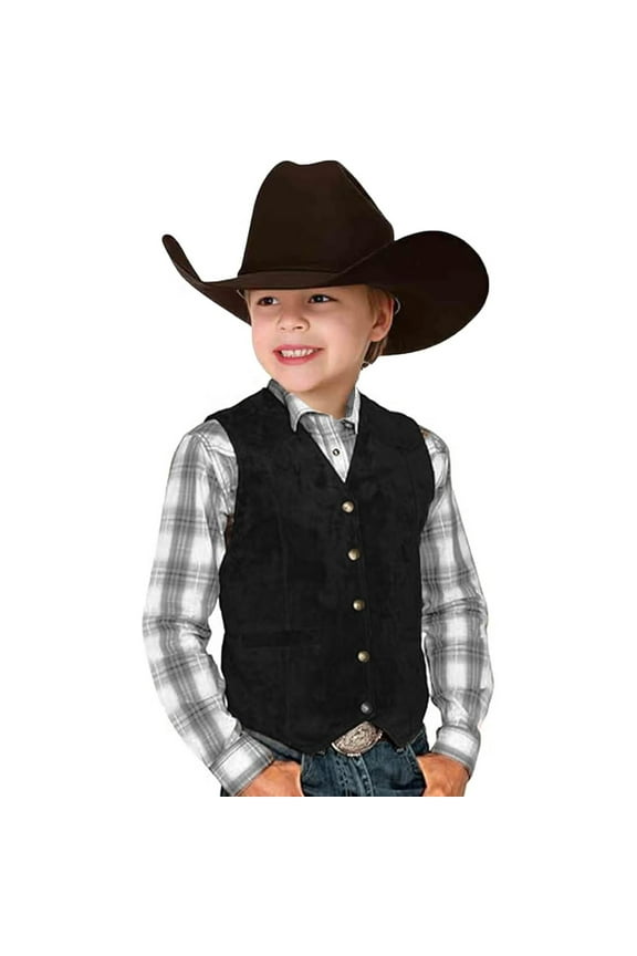 Retro Boys Cowboy Vest Suede Leather Style V Neck Casual Western Vest Vintage Waist Coat