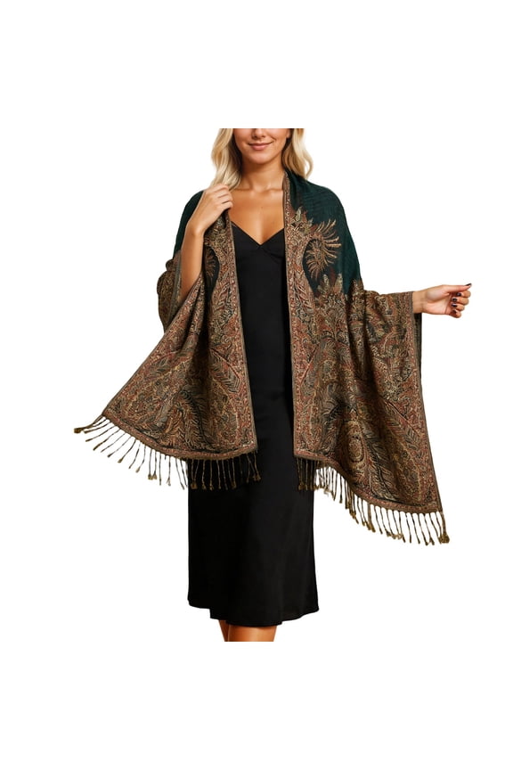 Reversible Paisley Jacquard Shawl with Ethnic Tassels – Exotic Shawls and Wraps for Evening Dresses, Festivals, All Seasons