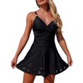 thumbnail image 1 of Ticikt Women One Piece Swim Dress, Cross Ruched Spaghetti Strap Hollow Out Skirted Swimsuit,Color:Black,Size:M, 1 of 9