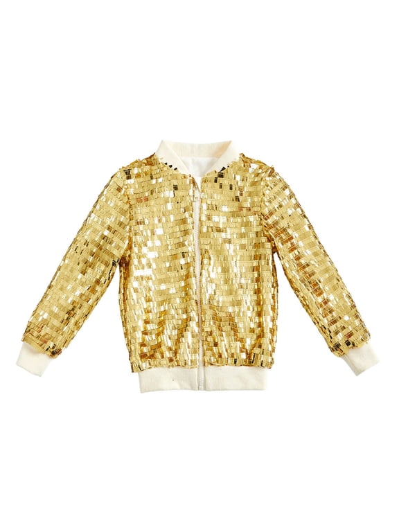Sequin Jackets Girls Solid Color Long Sleeve Zip Up Jacket for Kids Christmas Shiny Fashion Clothes,Color:Gold