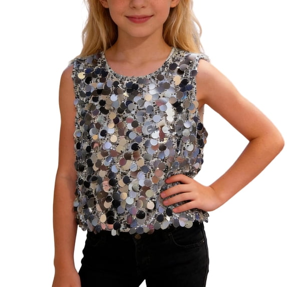 Ticikt Sequin Tank Top for Girls Fashion Loose Fit Summer Glitter Vest Casual Playwear,Color:Silver