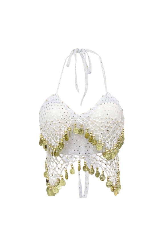Sequin Tube Top Dance Bra for Festival Performance and Wear,Color:White