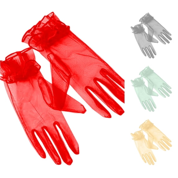 Ticikt Sheer Tulle Gloves, Ruffle Design, Women Gloves for Bridal Wedding Party Photo Props,Red