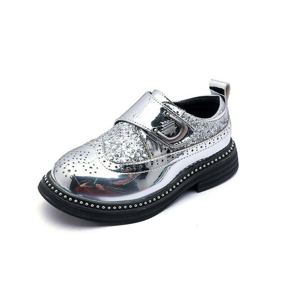 Ticikt Shiny Sequin Lace-up Oxfords for Boys & Girls Wingtip Brogue Dress Shoes for School Wedding Birthday Party,Color:Silver