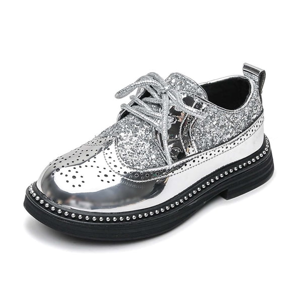 Ticikt Shiny Sequin Lace-up Oxfords for Boys & Girls Wingtip Brogue Dress Shoes for School Wedding Birthday Party,Color:Silver