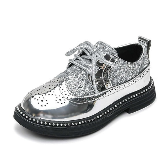 Ticikt Shiny Sequin Lace-up Oxfords for Boys & Girls Wingtip Brogue Dress Shoes for School Wedding Birthday Party,Color:Silver