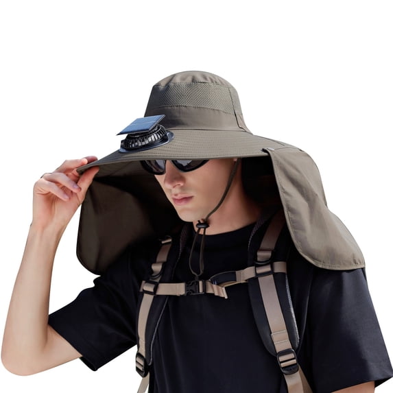 Ticikt Solar Fan Hat,Wide Brim Solar Fan Outdoor Fishing Hat,Men Sun Hat with 1 Solar Fans Fishing Hats, Adjustable Fans Hats,Color:Army Green